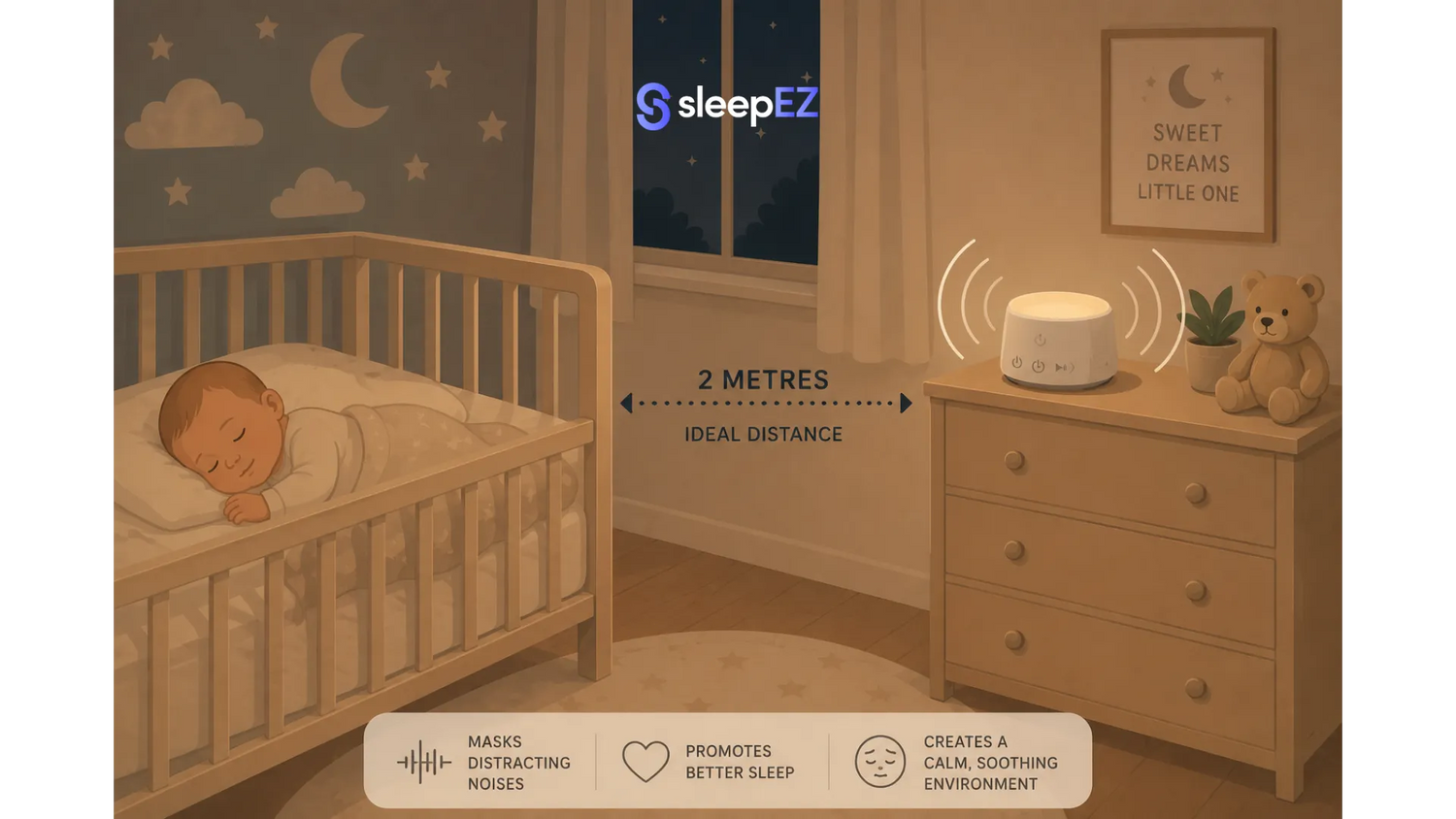 Baby sleeping with sound machine at safe distance