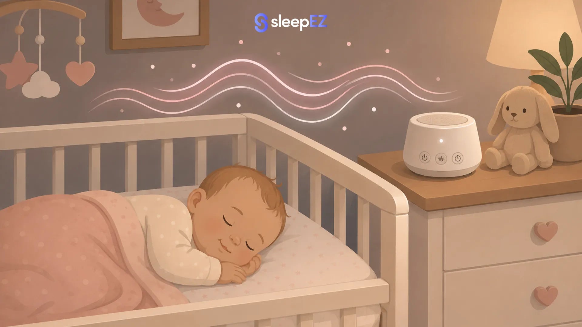 Baby sleeping with pink and white noise illustration