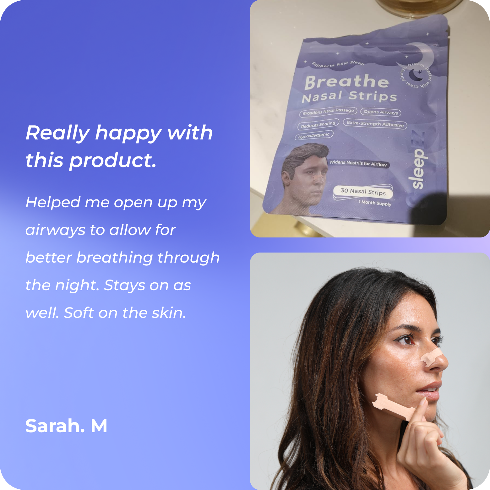 Breathe Nasal Strips packaging with a user review and a woman using the product.