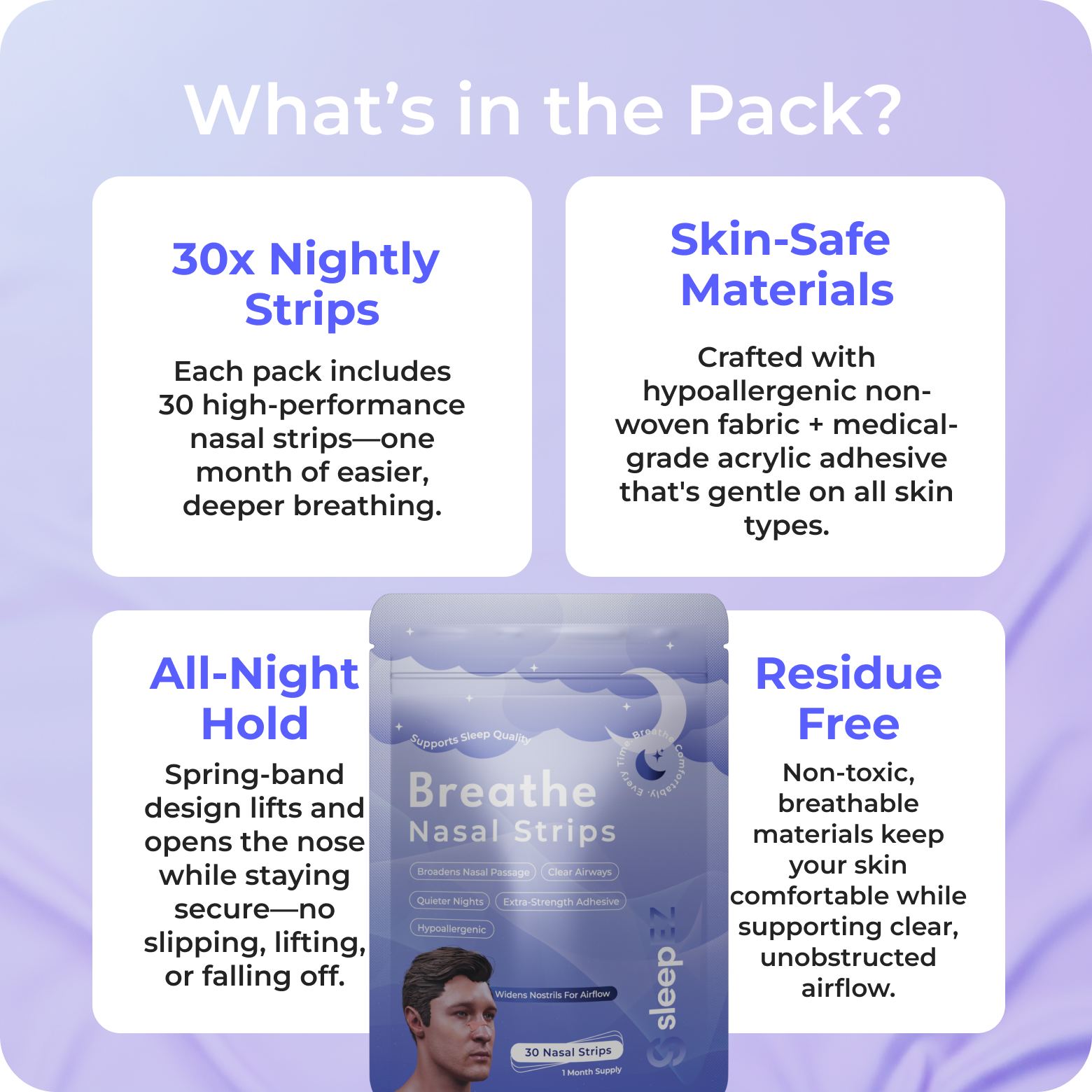 Product packaging with text detailing features of Breathe Nasal Strips on a purple background.