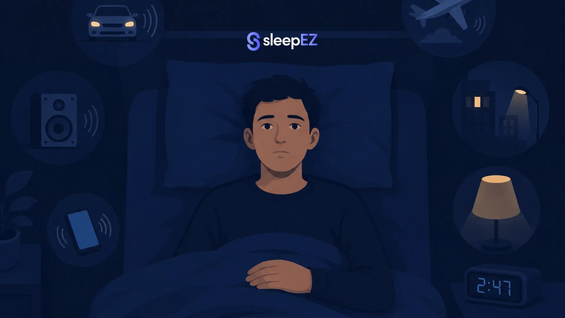 Light sleeper lying awake at night illustration